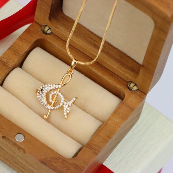 "Rose Gold Fish Pendant with Treble Clef Design and Crystal Accents, XPPT1479 - Picture 2 of 13